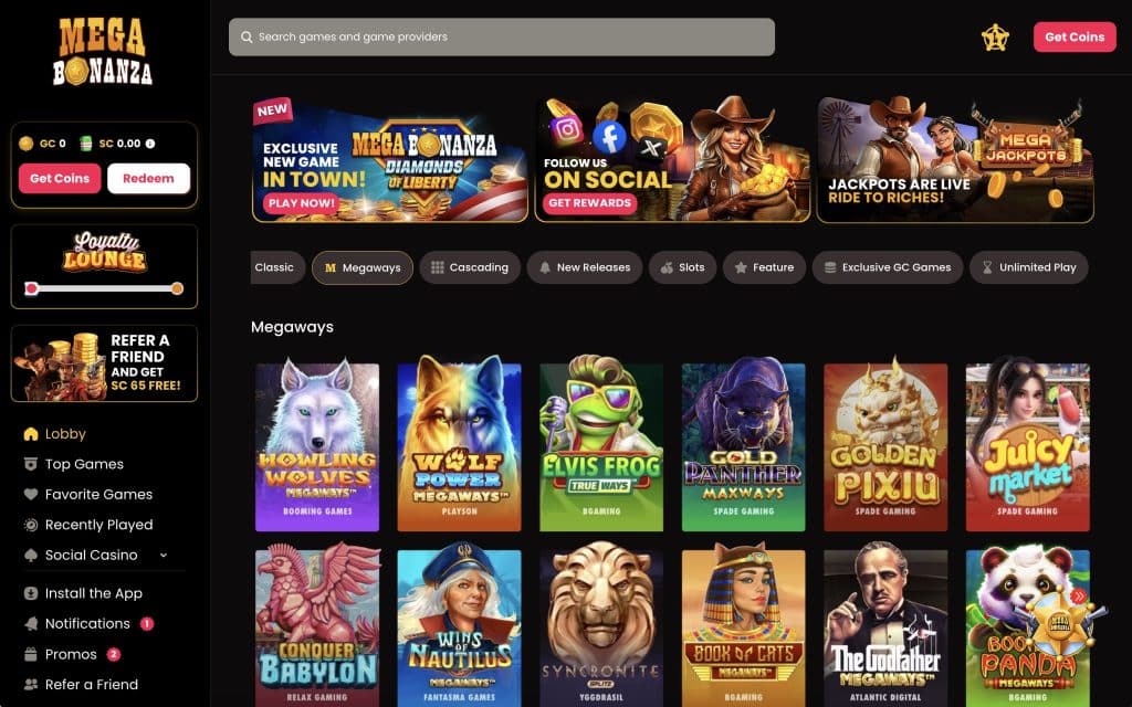 Mega Bonanza Homepage Screenshot Sweeps US