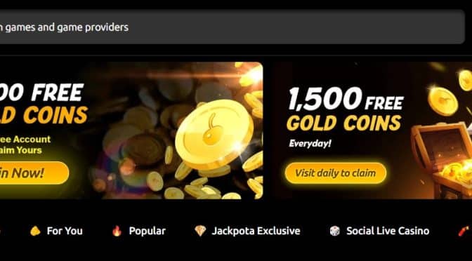 Screenshot of Jackpota online casino homepage featuring promotional banners for free gold coins, jackpot offers, and daily rewards. Includes navigation menu, search bar, and bottom tabs for game categories like Megaways, Hold and Win, and Social Live Casino.