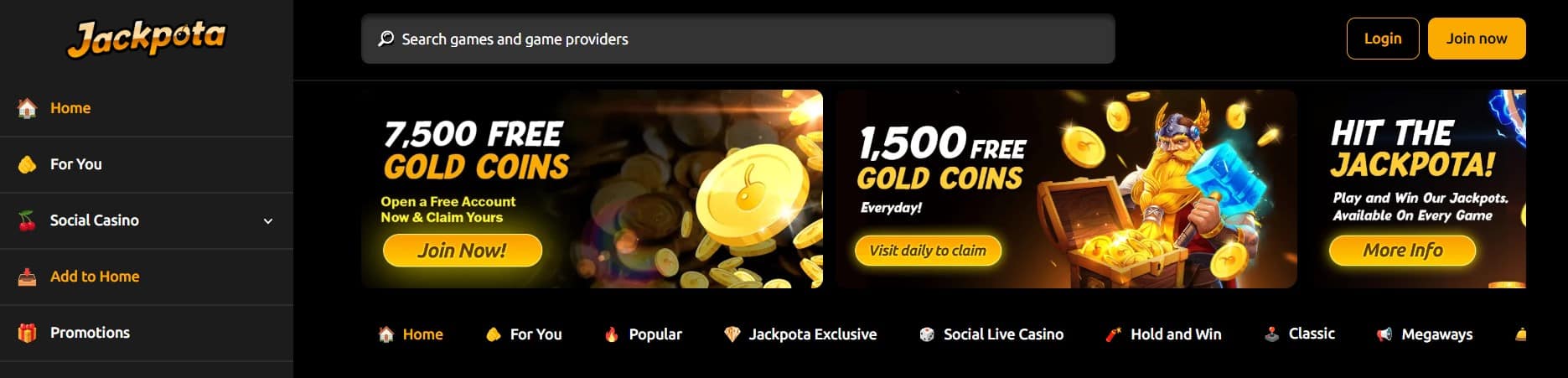 Screenshot of Jackpota online casino homepage featuring promotional banners for free gold coins, jackpot offers, and daily rewards. Includes navigation menu, search bar, and bottom tabs for game categories like Megaways, Hold and Win, and Social Live Casino.